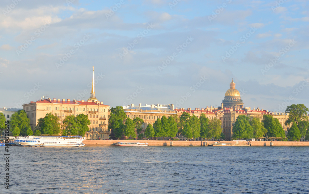 View of Admiralteiskaya Embankment and the River Neva.