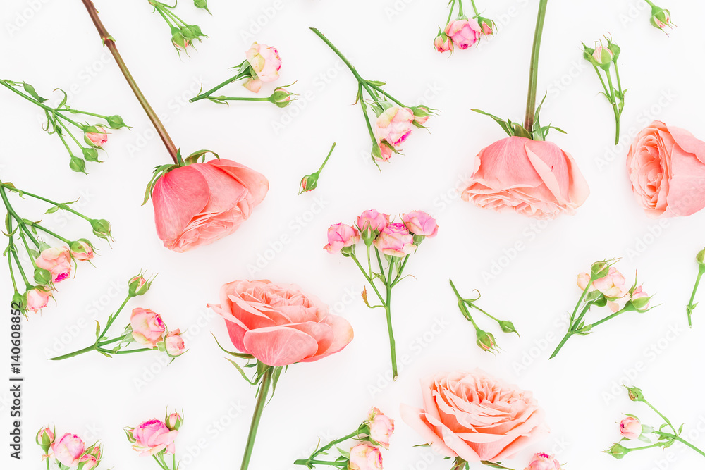 Pattern with pink roses on white background. Flat lay, top view. Floral background. 