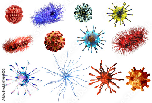 Virus and bacteria large Collection. Detailed medical illustration of viruses and bacteria isolated on white background photo