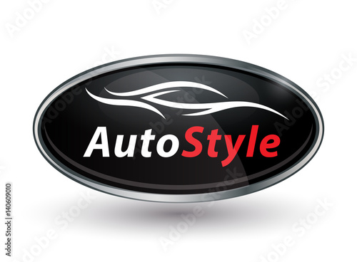 Concept auto vehicle dealership logo design of black and silver chrome badge icon isolated on white background with a white abstract sports car silhouette. Vector illustration.
