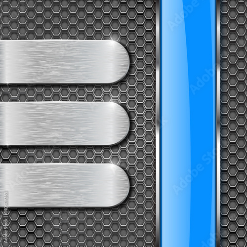 Metal background. Metal perforation with stainless steel plates and blue glass stripe