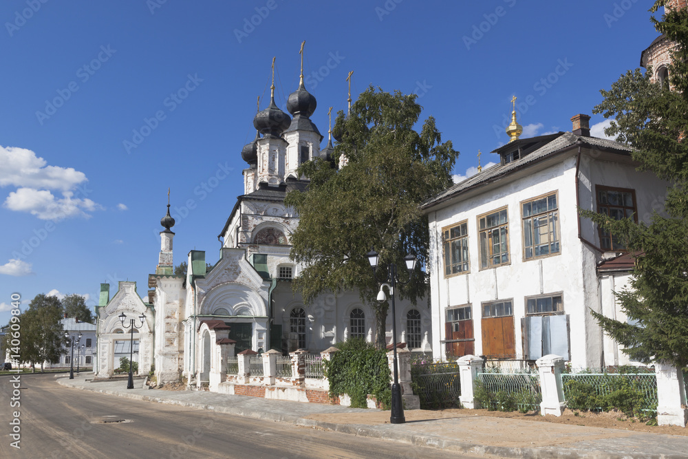 View of the street Embankment and cathedral of Prokopy Ustyug in Veliky Ustyug, Vologda region, Russia