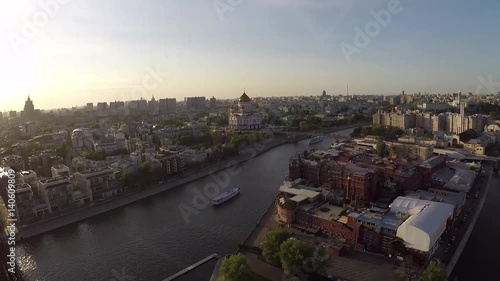 Aerial of moscow river navigation. Boat. Cathedral of Christ the Saviour. Moscow Kremlin. Golden dome churches, Moscow river. Car traffic at the walls of the Kremlin. Autumn panorama of Moscow city ce
