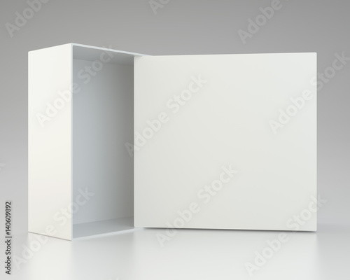 Blank open box on gray background. 3d rendering © mirexon