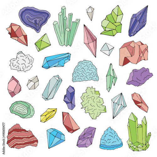 Minerals, crystals, gems Isolated color vector illustration hand drawn set