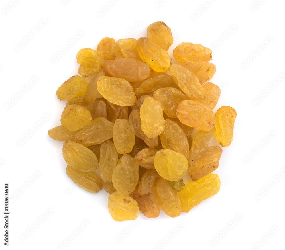Heap of Yellow Sultanas Raisins on White Background