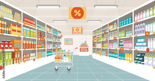 Supermarket aisle with shopping cart