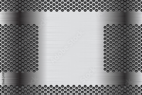 Metal perforated background. Stainless steel brushed surface with hexagon holes