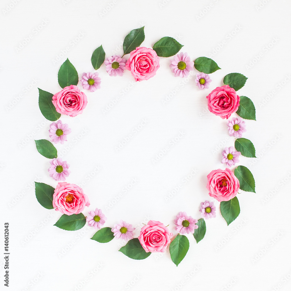 Flowers composition. Wreath made of fresh rose flowers. Flat lay, top view