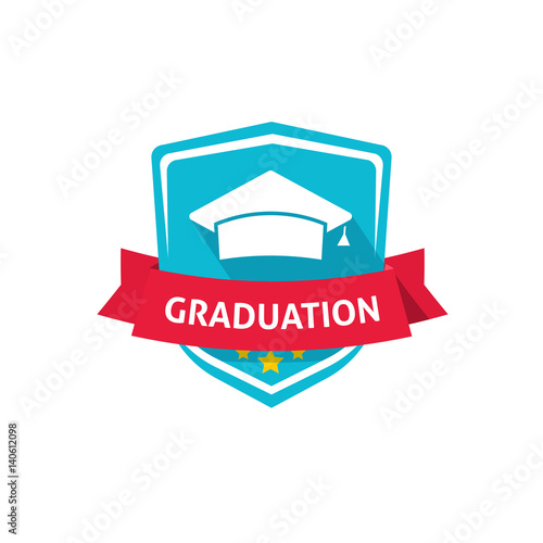 Graduation emblem vector illustration, flat style academy hat with red ribbon and graduation text, school or university crest symbol idea