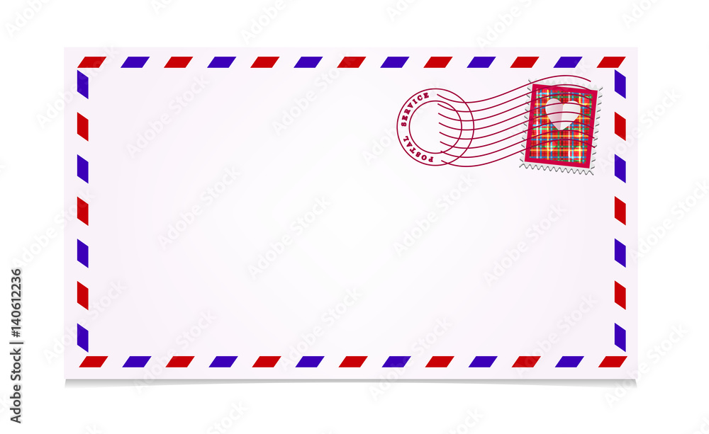 Illustration air mail envelope with postal stamp isolated on white background. Vector. Illustration air mail envelope with postal stamp isolated on white background. Vector.