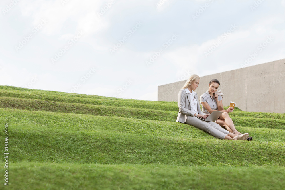 Full length of female business executives with disposable coffee cup and laptop sitting on grass steps against sky Full length of female business executives with disposable coffee cup and laptop sitting on grass steps against sky