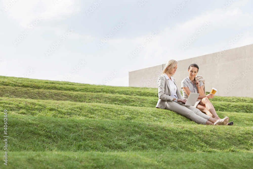 Full length of businesswomen with disposable coffee cup and laptop sitting on grass steps against sky