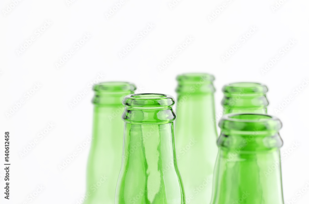 Green Empty Beer Bottles On White Background Closeup Green Empty Beer Bottles On White Background Closeup
