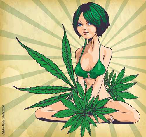 Bikini girl with cannabis leafs. Vintage background. Vector image