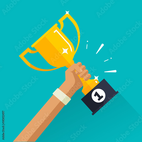 Winner trophy sport award achievement vector illustration, golden cup champion reward in sportsman man hand with first place label, success win