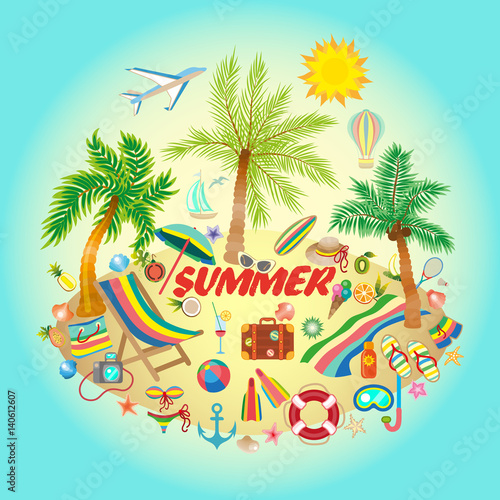 Illustration on a summer holiday theme with paradise island on sea background.