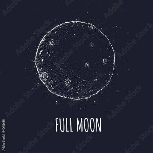 Full moon in outer space with lunar craters. Logo hand drawn vector illustration on black background.