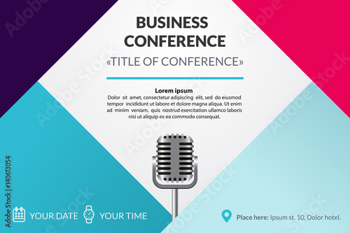 Business conference invitation concept. Colorful simple geometric background. Retro microphone. Template for banner, poster, flyer, magazine page. Vector eps 10.