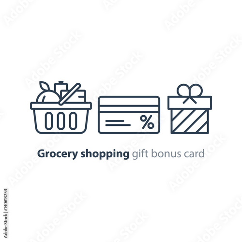 Food basket, grocery order, shop special offer, bonus discount card line icon