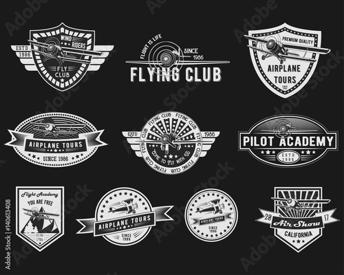 Vector set of Vintage Aviation for logo templates, icons, emblems, color graphic collection signs, air flight, tour, promotion promotion isolated on black background
