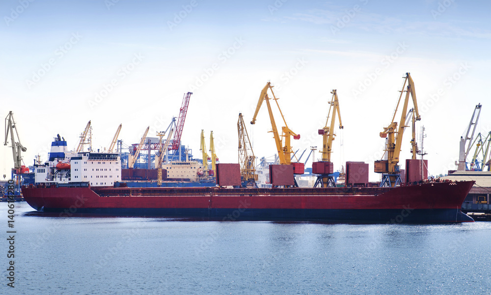 Empty container ship in port, cargo cranes on background