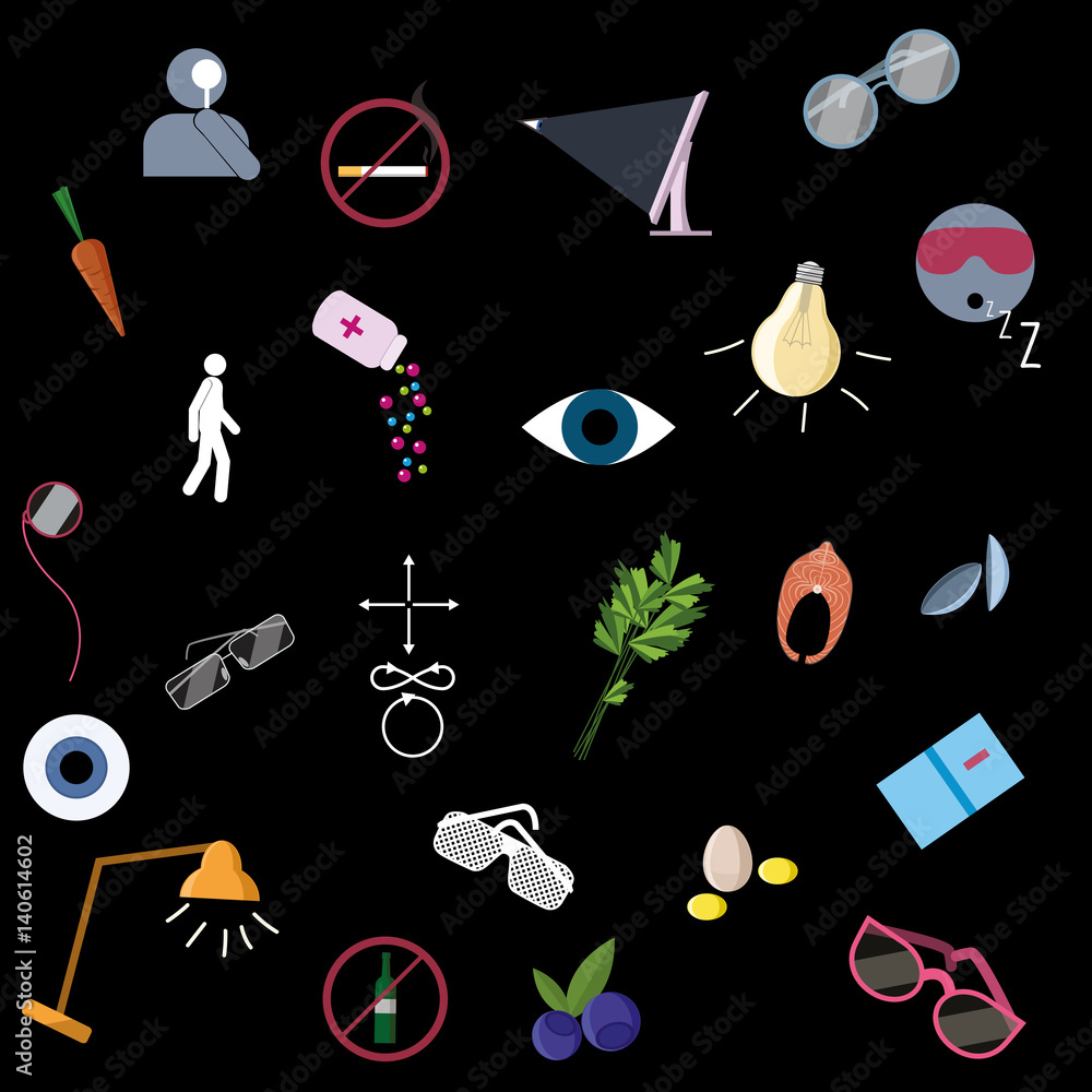 Healthy eyes icons. Food, suggestions, exercises. Stock Vector | Adobe ...