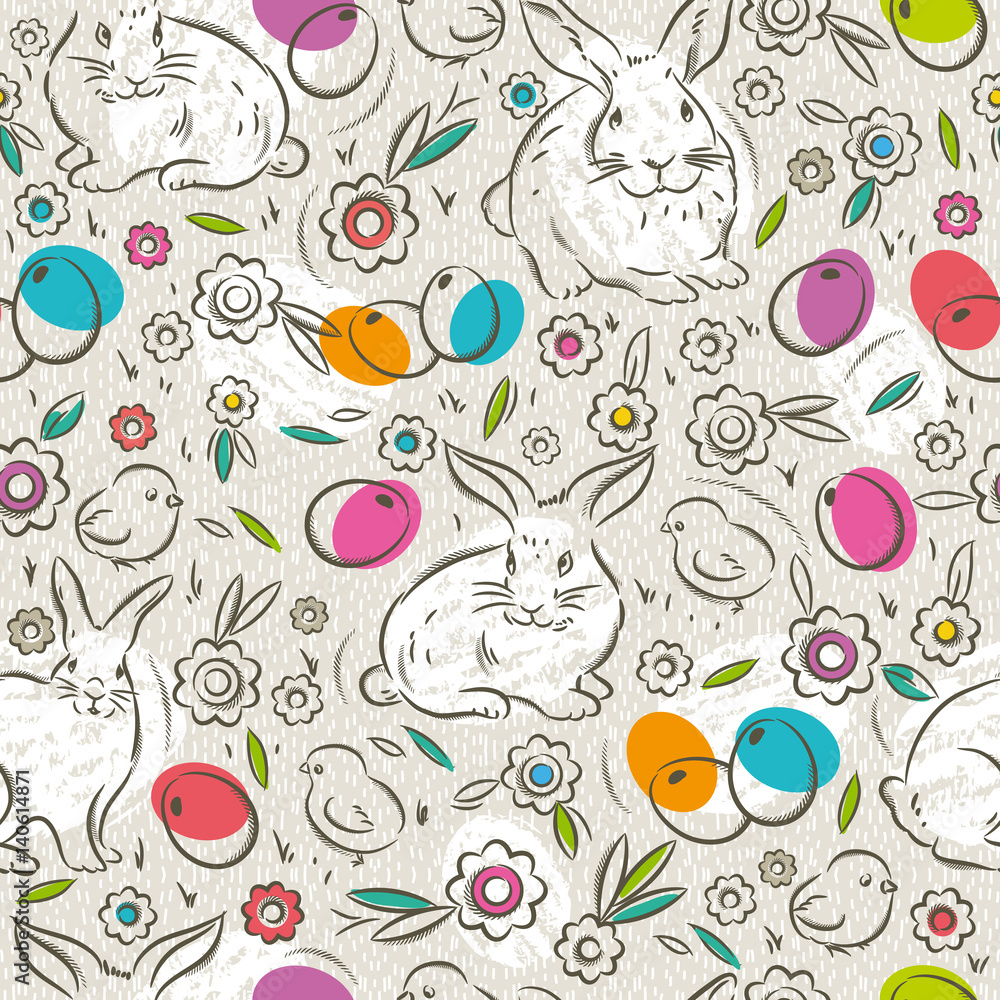 Seamless  pattern with color easter eggs, rabbit,  flowers and chicks.Ideal for printing onto fabric and paper or scrap booking, vector illustration
