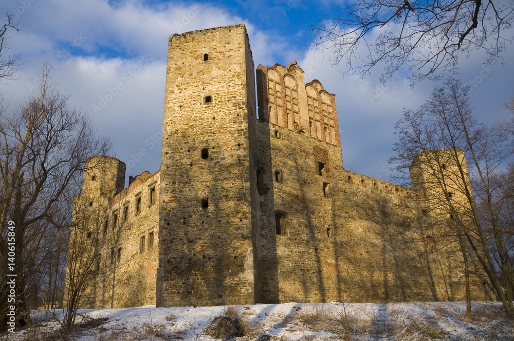 Well-preserved ruin of Gothic and Renaissance styles castle of the Archbishop of Gniezno by the Drzewiczka River in Drzewica in warm light of sunset, Poland
