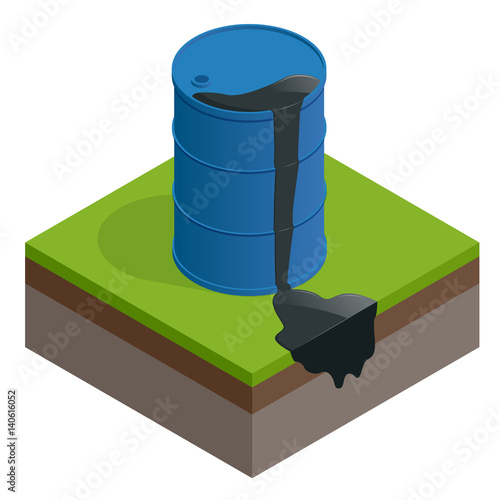 Isometric vector Oil spill or waste. Oil barrel dirty drum isolated on white background.