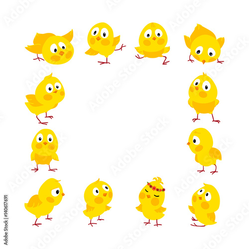 Easter square frame with chicks, vector background
