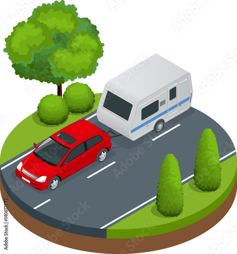 Isometric red car with Camping trailer on road. Travel concept. Recreational vehicles.