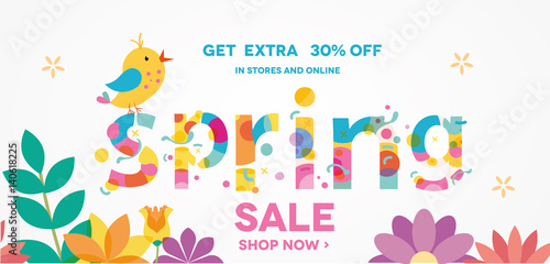 Spring Sale Banner with bird, Sale Poster, Sale Flyer, Sale Vector. 30% Off, Vector illustration.