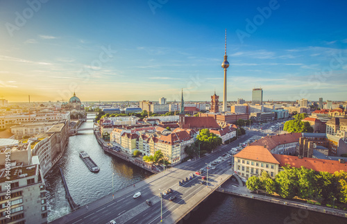Berlin skyline with Spree river at sunset in summer, Germany