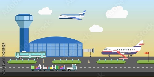 Airport building and plane runway area vector flat design