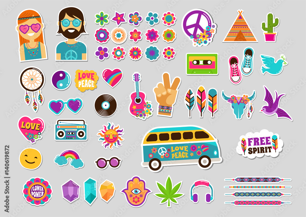 Hippie, bohemian design with icons set, stickers, pins, art fashion chic patches and badges