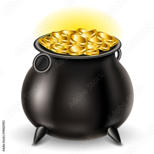 Realistic St Patrick's day cauldron full with gold coin