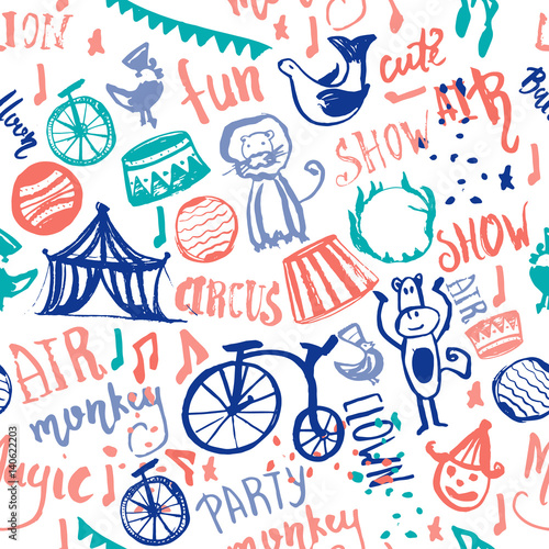 Hand Drawn circus seamless pattern with clown, monkey, lion wrap paper, nursery, child party color doodle sketch vector illustration