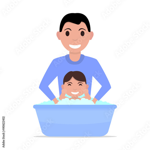 Vector illustration cartoon father bathes a baby