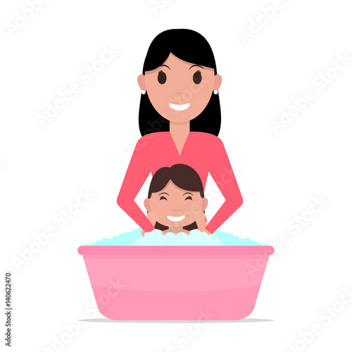 Vector illustration cartoon mother bathes a baby