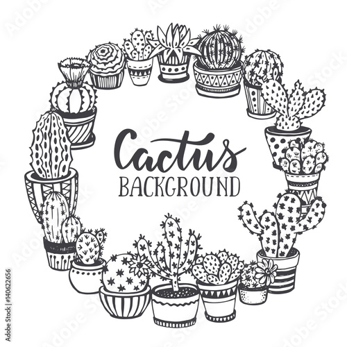 Frame with hand drawn cactus in sketch style.