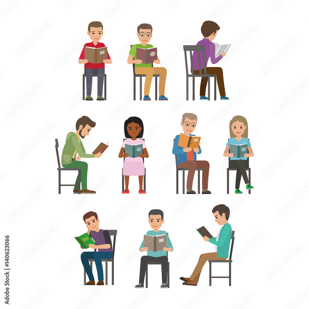 People Seating and Reading Textbook Flat Vector 