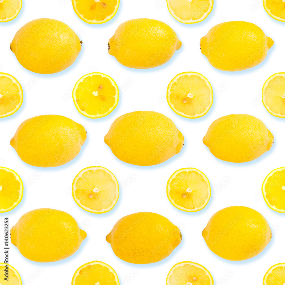Fototapeta premium Seamless background or pattern with Fresh yellow lemons and slices 