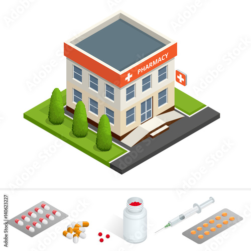Isometric pharmacy store. Facade of pharmacy in the urban space, the sale of drugs and pills.