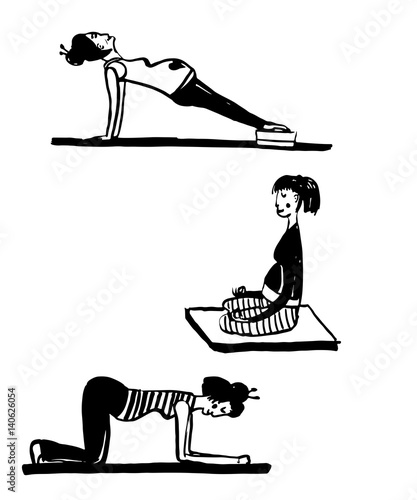 set of isolated picture a pregnant woman, a woman with a child in a wheelchair and with a baby, sketch hand drawn vector illustration