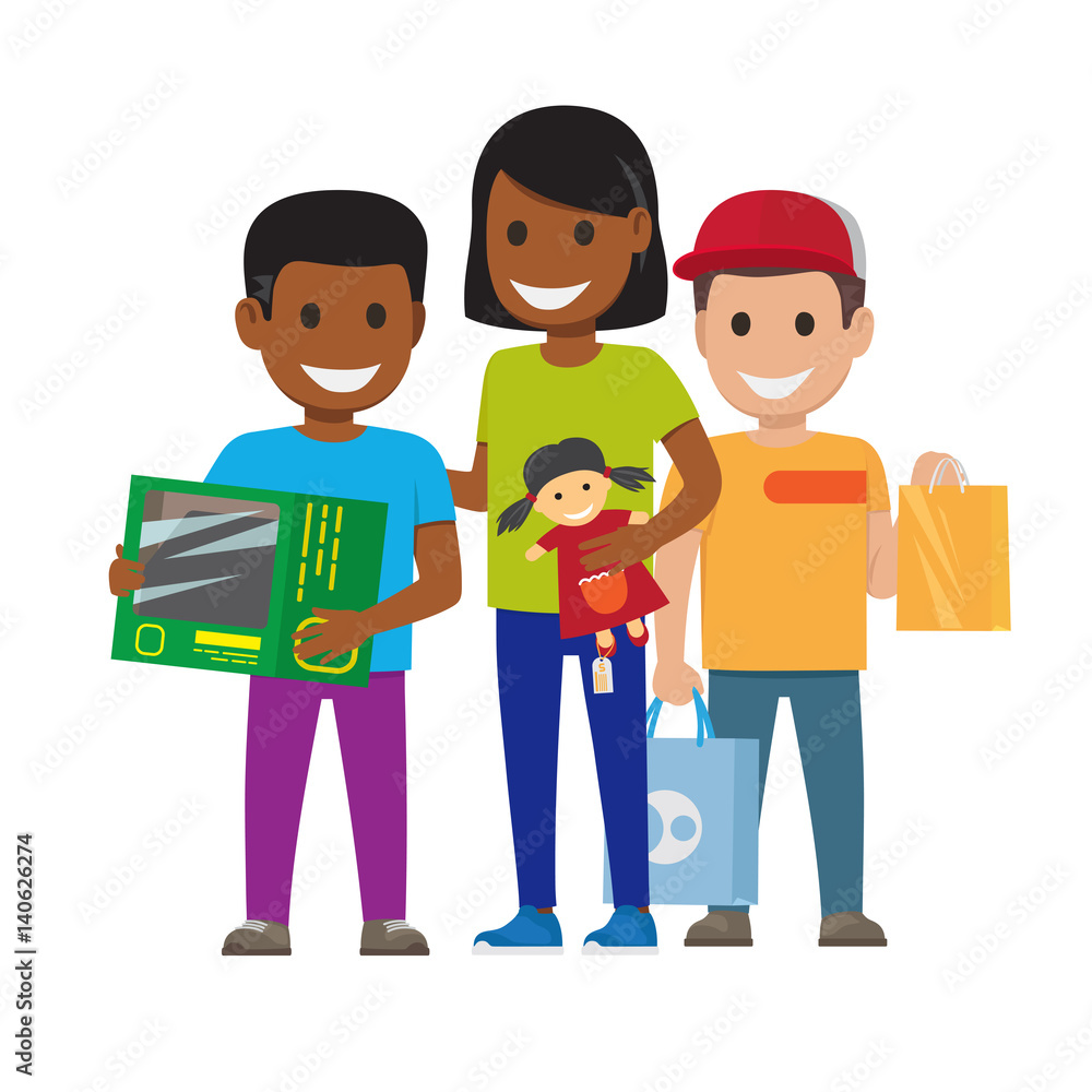 Cartoon Set of Smiling Family, Who Goes Shopping