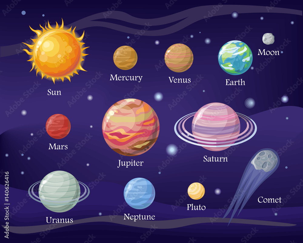 Naklejka premium Solar System Design. Space with Planets and stars