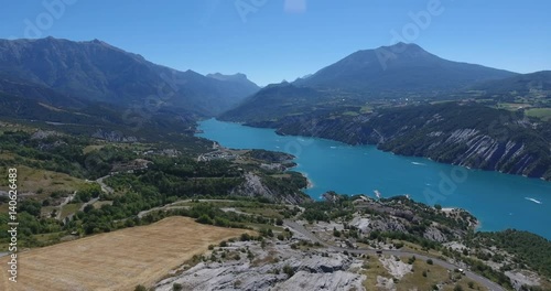 Aerial scenic lake serre ponçon view freedom alps mountain 