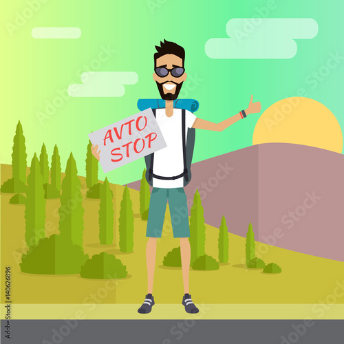 Smiling Young Man Hitchhiking