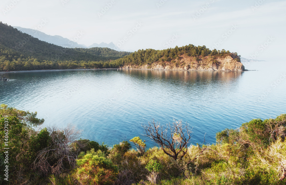 Fototapeta premium blue sea wave of mediterranean on turkish coast in the eveni